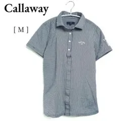 美品【キャロウェイ】⛳半袖ゴルフシャツ Mサイズ グレー×紺ネイビー ストライプ