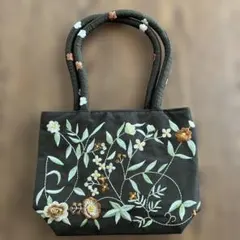 花柄刺繍 ダークグリーン トートバッグ　ベトナム