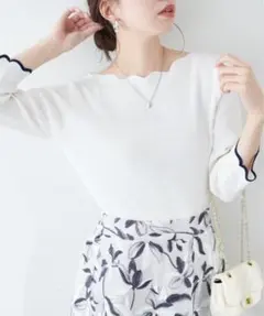natural couture 袖口配色スカラップ強撚ニット(7分袖)のサムネイル