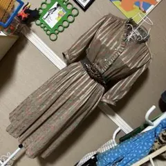 レトロ古着 ストライプ＆お花柄ꕥ フリル 5分袖 ワンピース ヴィンテージ 古着