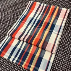 モダン柄 名古屋帯　六通 オレンジ×グリーン レトロポップ アンティーク帯　夏帯