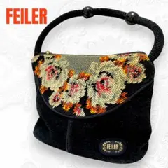 【美品】 FEILER フェイラー ハンドバッグ シュニール織り ブラック 花柄
