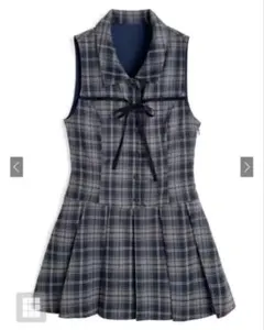 チェック柄リボンノースリシャツミニワンピース dk1565 L