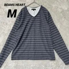 BEAMS HEART Vネック ボーダー 長袖カットソー ゆったり 薄手 Mのサムネイル