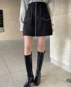 コントラストステッチ ジップアップスカート 黒