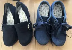 カジュアルシューズ　ヒールローファー デニム スエード2足セット 黒 ネイビー