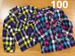 100cmおそろいチェック柄長袖シャツ色違い2枚セット