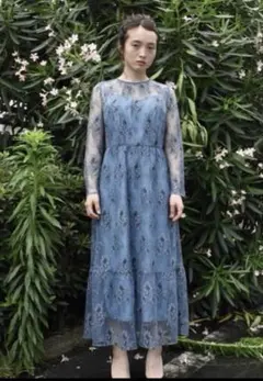 ships 【kaene】総レースロングスリーブドレス サックスブルー 結婚式