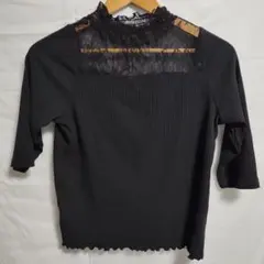 レース襟　ニット５分袖トップス　 フリーサイズ