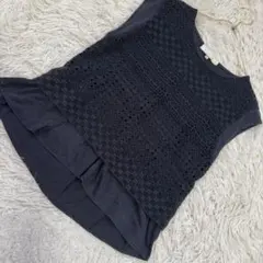 自由区 レース刺繍カットソー ブラック 32 キレイめ 総柄 可愛い 上品