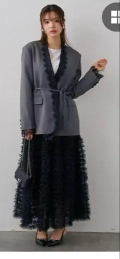 NEW即納パール付きフレアロングスカートブラックfrane