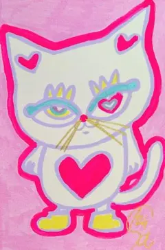 【白猫さん　ハート】ハガキサイズ　額無し　絵画　イラスト　猫の絵　猫　アート