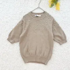 ザラ　ラインストーン付き半袖ニット　M モカ　春服　大人可愛い　ぽわん袖　綿混
