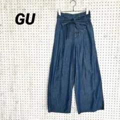 GU ジーユー デニムワイドパンツ リボンベルト付き（S）ブルー ウエストゴム