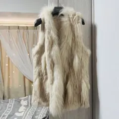 【美品】ラビットファー リアルファーベスト ベージュ M ノースリーブ