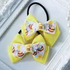 (318) 春 ゆめかわ ハチ リボン ヘアゴム♡ ハンドメイド お花 黄