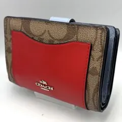 美品　COACH 二つ折り財布 レッド/ベージュレザー　レディース