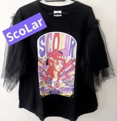 キノコ柄とアニメ風女の子チュール重ねTシャツ （ブラック