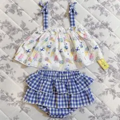 新品　80 夏服　上下セット　チェック　水色　アイス　花柄　ブルー
