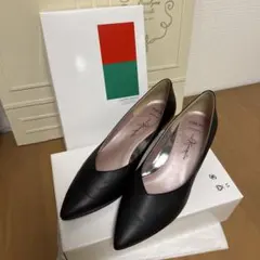 銀座かねまつ　黒レザーポインテッドトゥハイヒールパンプス