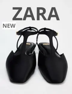新品タグ付き ZARAザラ 37 Tストラップフラットシューズ ブラックのサムネイル