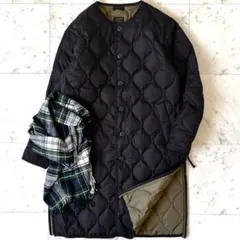 美品　ミリタリー クルーネックダウンコート ロング　ブラック　サイドスリット