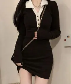 コントラストカラー ボタン フロントドレス カジュアル ブラック 春 SHEIN
