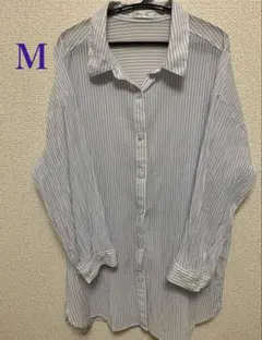 【CINEMA CLUB】ストライプ薄手長袖シャツM ブルー×ホワイト綿100%