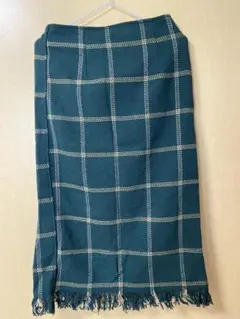 ダークグリーン チェック柄 ロングタイトスカート Lサイズ　秋冬物　厚手素材