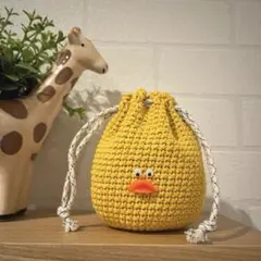 ハンドメイド　巾着袋　ポーチ　鍵あみ　編み物　アヒル　ひよこ