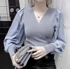 GRL 袖切り替えカシュクールニットトップス　ブルー