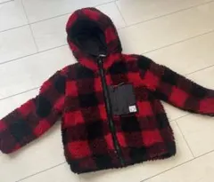 H&M 110cm フリースジャケット 赤と黒 チェック柄フードパーカー　ボア