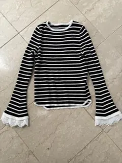 【新品未使用】レディース ボーダー ニットトップス レース袖
