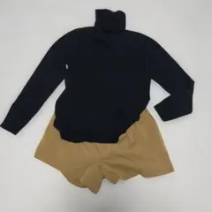 タートルネックニット 黒♠ショートパンツ(カーキ) 2点セット レディース