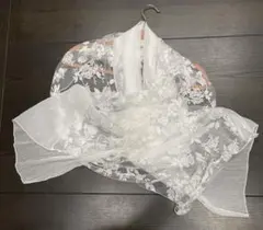 ホワイト　ラメレース花柄シフォンショール　大判ストール　約75 × 170cm