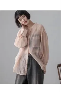 【LOWRYS FARM】楊柳シアーバンドカラーシャツ ピンク Fのサムネイル