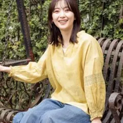 niko and…FINEリネンレースブラウスLイエロー麻100%