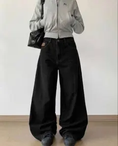 SHEIN ワイドレッグジーンズ デニム パンツ ダークグレーのサムネイル