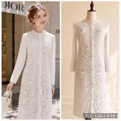 ★ Christian Dior レース切替 ロングニットカーディガン 36 白のサムネイル