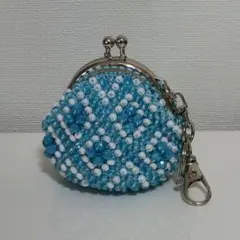 ビーズがま口　ブルー　ハンドメイド　手作り　ポーチ