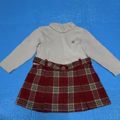 ワンピース ベージュ・赤 チェック柄 90