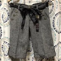 新品　ウール混　ハーフパンツ サテンリボン付 W64 グレー系　ヘリンボーン