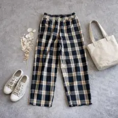 N86 コーエン イージーパンツ チェック柄 綿 M ネイビー ウエストゴム