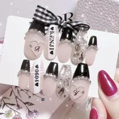 ネイルチップ 量産型 韓国 黒 フレンチ ワンホン ハート 地雷 ヲタク リボン