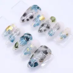 【408】ネイルチップSサイズ 青　白　グレー 花柄　ニュアンス 金箔 シルバー