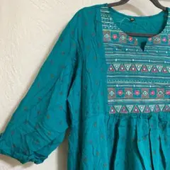 一点限り✨ターコイズ 刺繍入り 【4XL】コットンワンピース エスニック