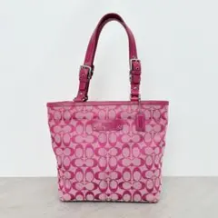 美品 COACH コーチ トートバッグ ピンク シグネチャー キャンバス