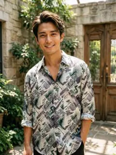 【新品タグ付】洗えるシルク100% アート柄シャツ 3L 大きいサイズ 総柄