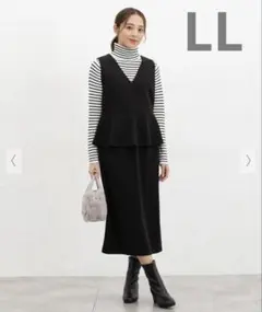 Honeys 簡単セットアップ風 ドッキング風ジャンスカ ペプラムワンピース 黒