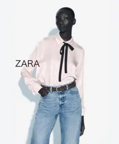 3月限定1650→1500お値下げ⭐︎ ZARA ピンク サテン長袖シャツリボン